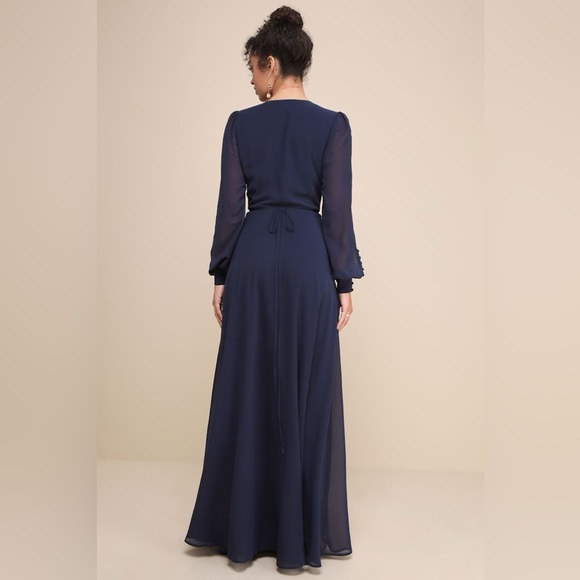 NWT Lulus My Whole Heart Dark Navy Blue Long Sleeve Wrap Dress w/ Button Cuffs M - Picture 3 of 16